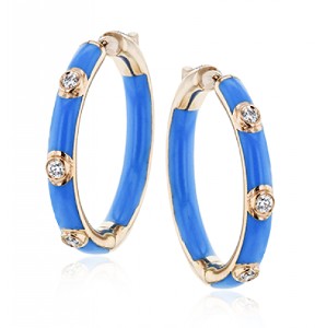 Rose gold hoop earrings with blue enamel and bezel set diamonds