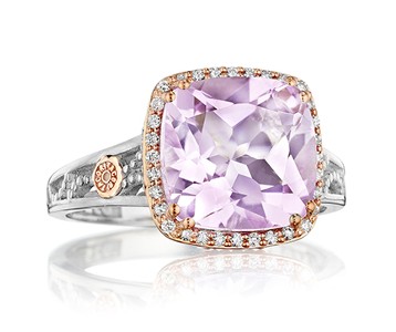 A cushion cut amethyst with rose gold and diamond details on a white gold band by TACORI