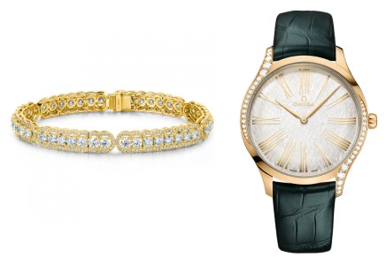 A yellow gold bangle covered in diamonds on the left with a green leather band and gold case De Ville watch