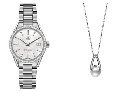 On the left, a stainless steel and mother-of-pearl TAG Heuer watch, and on the right is a contemporary pearl pendant by Mikimoto