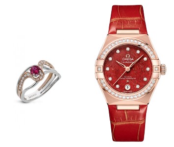 A mixed-metal ruby fashion ring on the left with a red leather watch and rose gold case