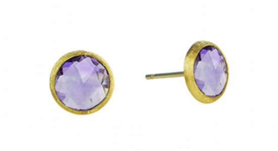 a yellow gold pair of stud earrings featuring round cut amethysts