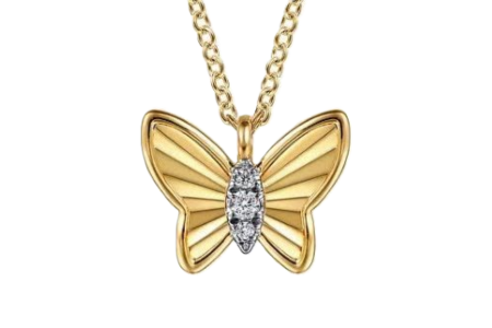 A mixed metal Gabriel & Co. butterfly pendant necklace with diamond accents, available at Lewis Jewelers.