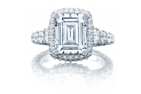 An elegant platinum halo engagement ring from TACORI, available at Lewis Jewelers.