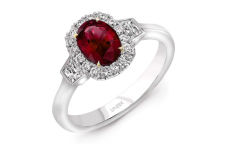 A stunning Uneek engagement ring with a red diamond center stone, available at Lewis Jewelers.