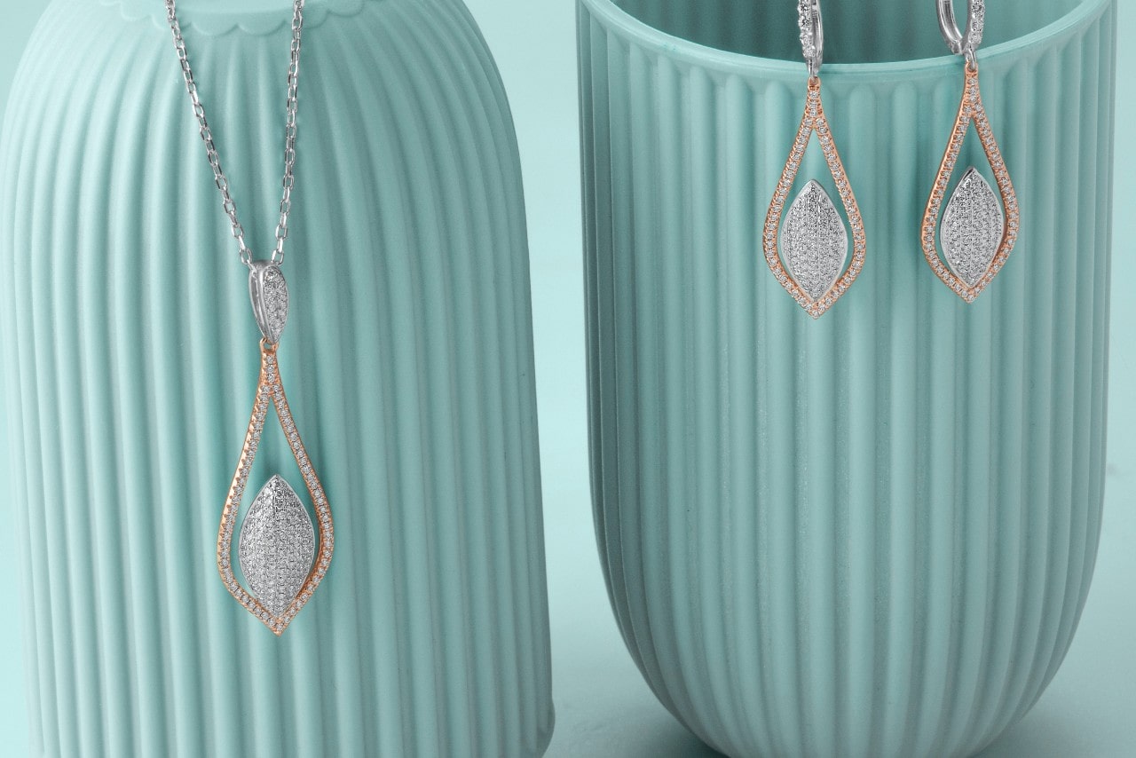 diamond jewelry on blue vases